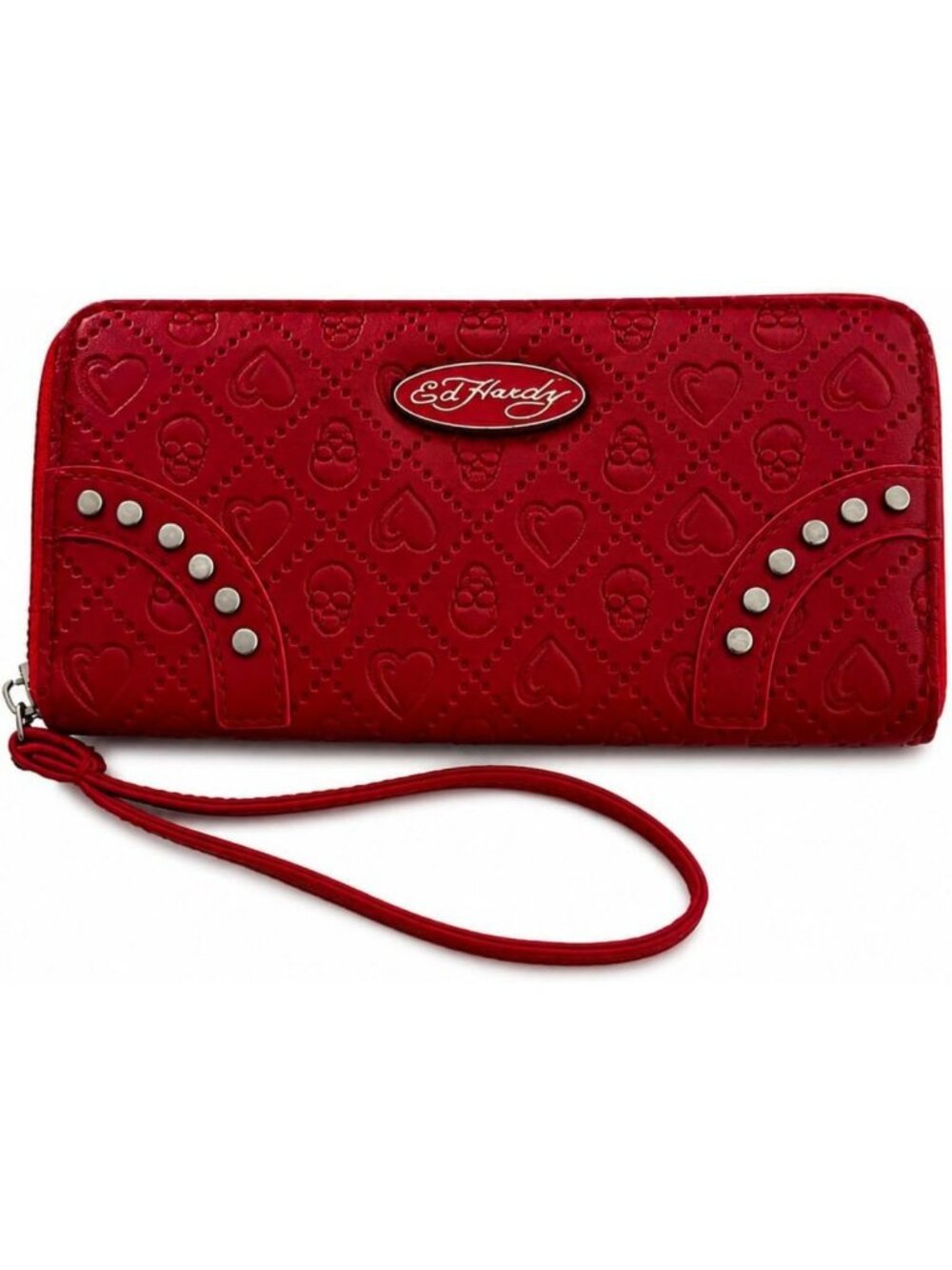 Skull Embossed Zip Around Wallet - Studded Wristlet Clutch Organizer, Crimson